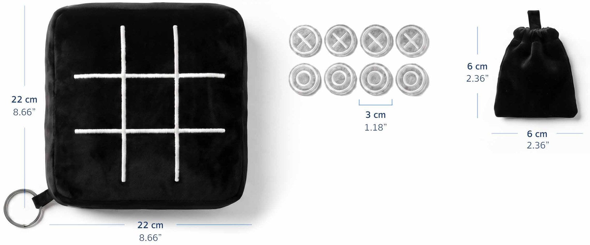 TICTAC 2 GO measurements: the pillow is 22 cm (8.66 in) wide and tall, each playing piece is 3 cm (1.18 in) across, and the pouch is 6 cm (2.36 in) wide and tall