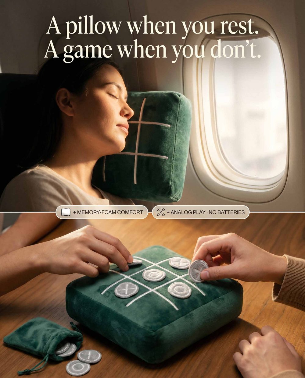 A pillow when you rest, a game when you don't. TicTac2Go in use on a plane